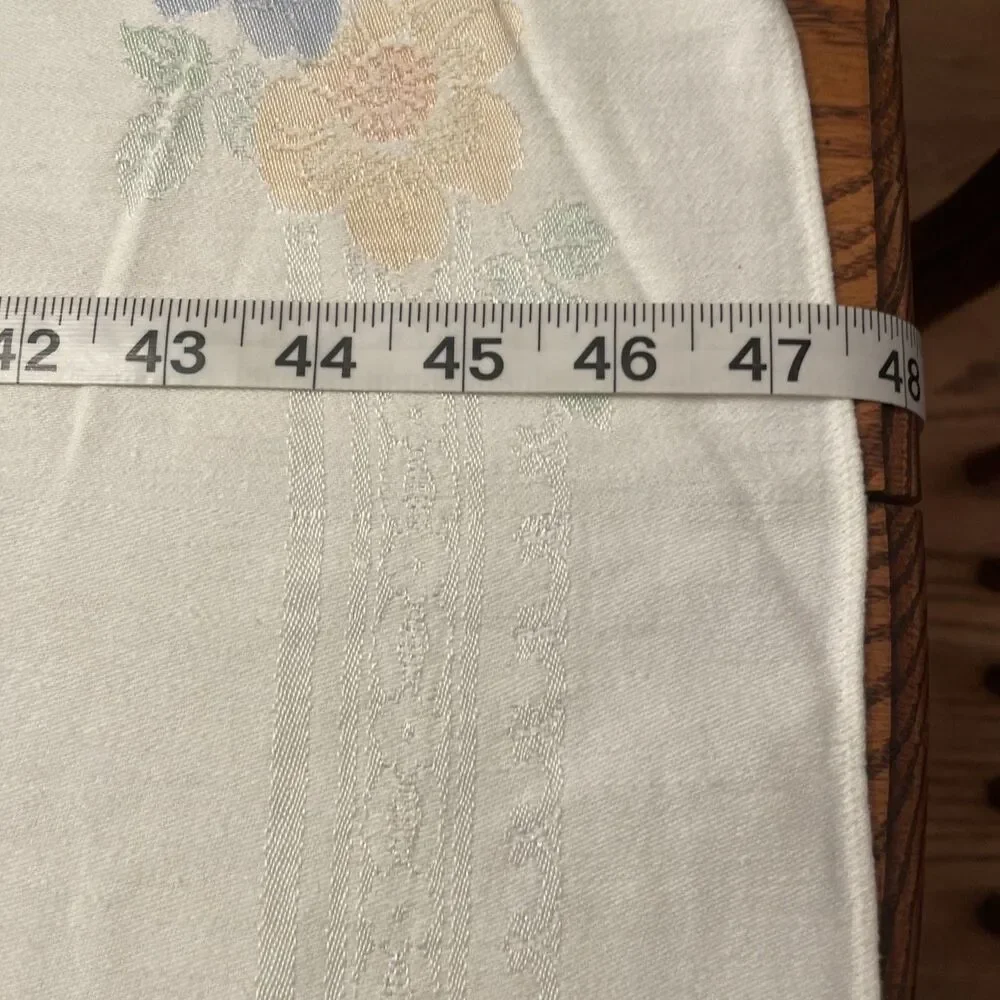 Vintage White Damask w/ Pink Blue Peach Green Floral Tablecloth 51”x47” Cottage